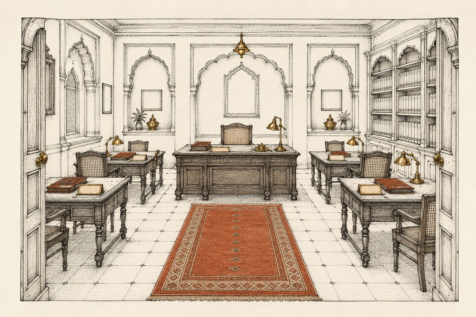 Ink-line illustration of a proprietor's office with a single owner's desk and a wall of ledgers — the firm that builds AI-agent daftars, run as its own.