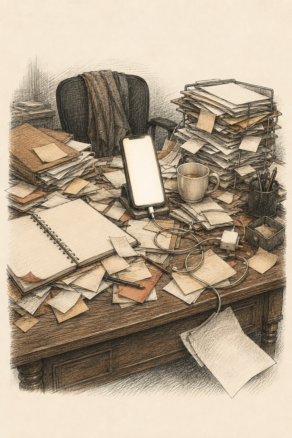 Ink-line drawing of a chaotic modern desk buried in loose papers around a glowing phone