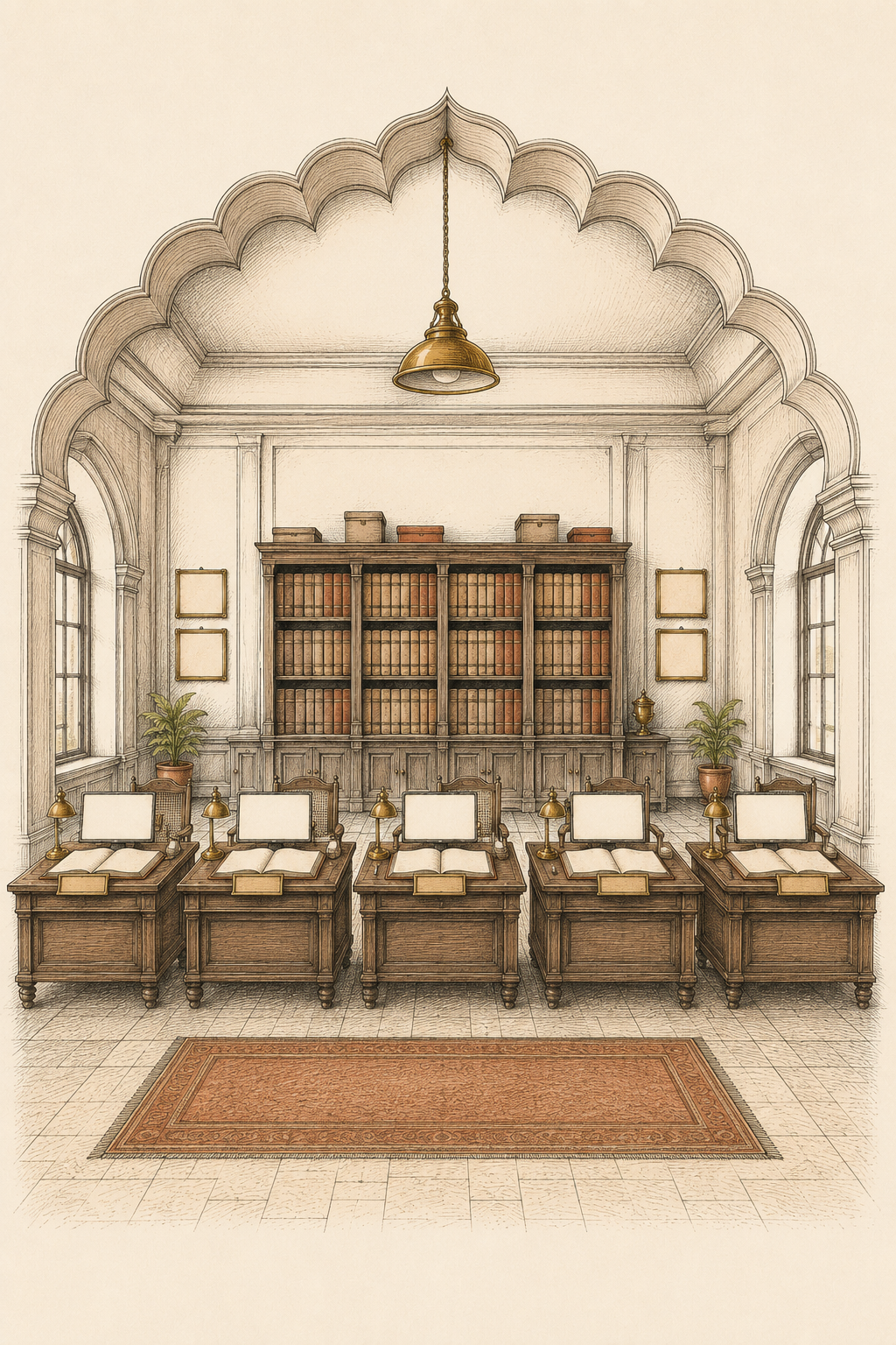 Ink-line drawing of a calm rebuilt office hall with five clerk desks under an Indian arch