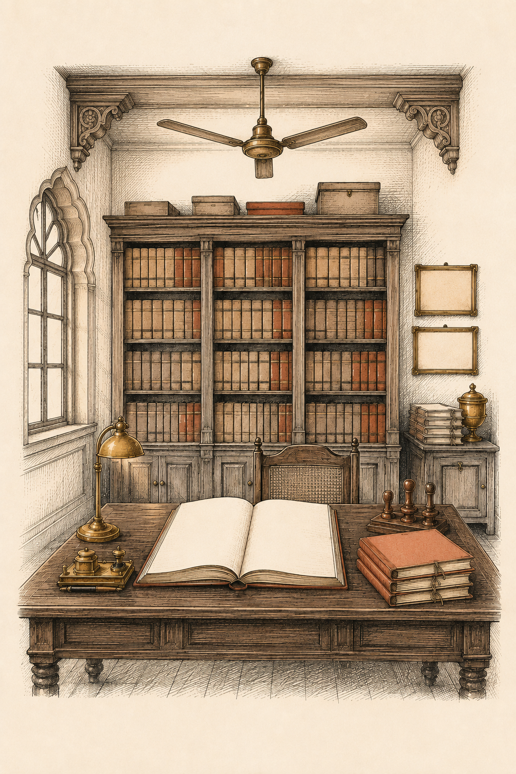 Ink-line drawing of a traditional Indian firm's records room with ledgers, an open register and a brass inkwell