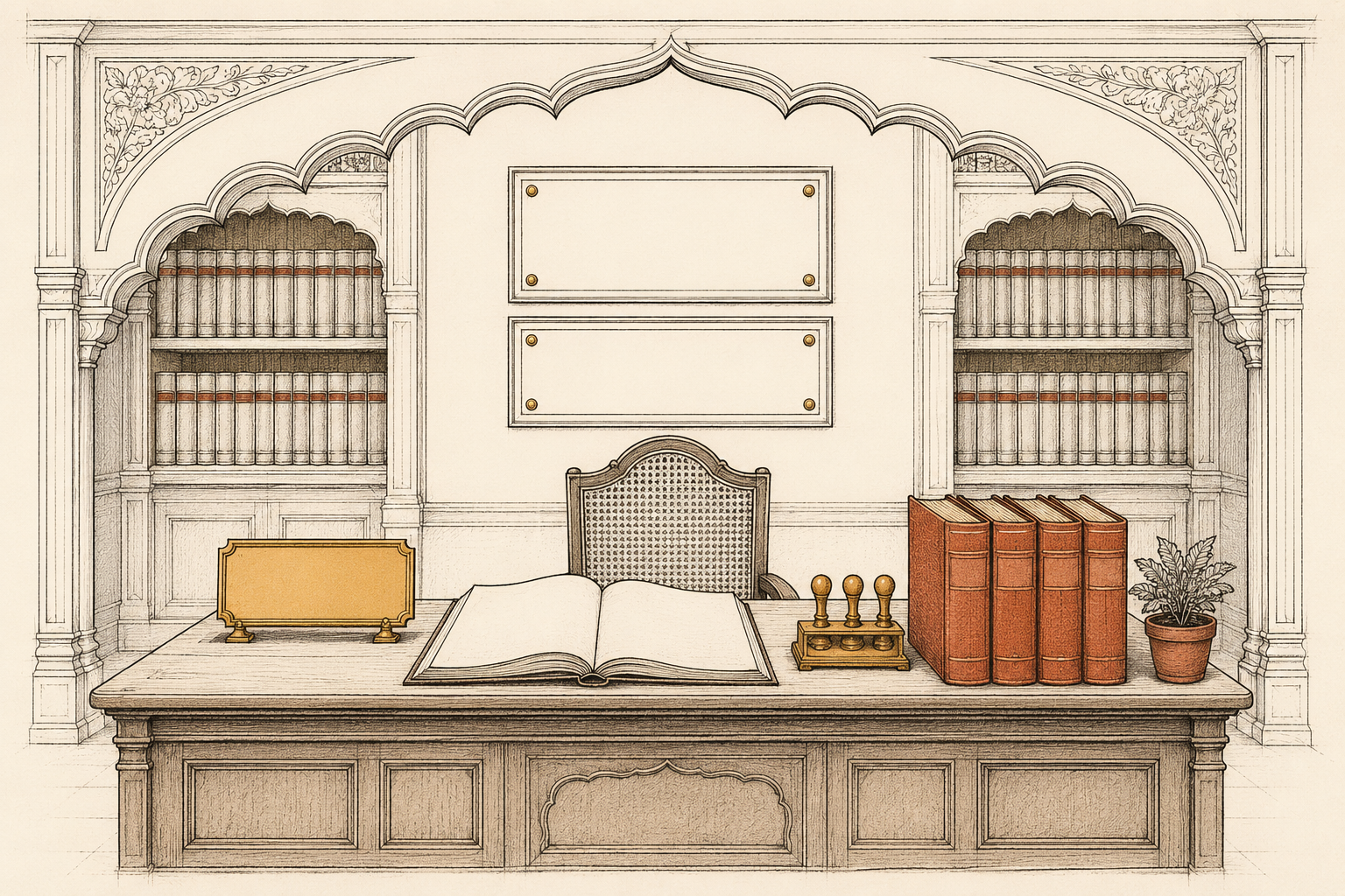 Ink-line drawing of a single dignified clerk's desk with an empty chair and a blank nameplate
