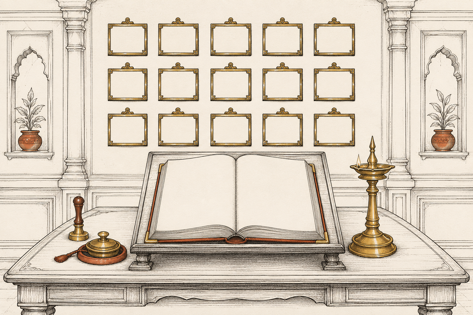 Ink-line drawing of a great bound code-book on a lectern before a wall of fifteen blank plaques