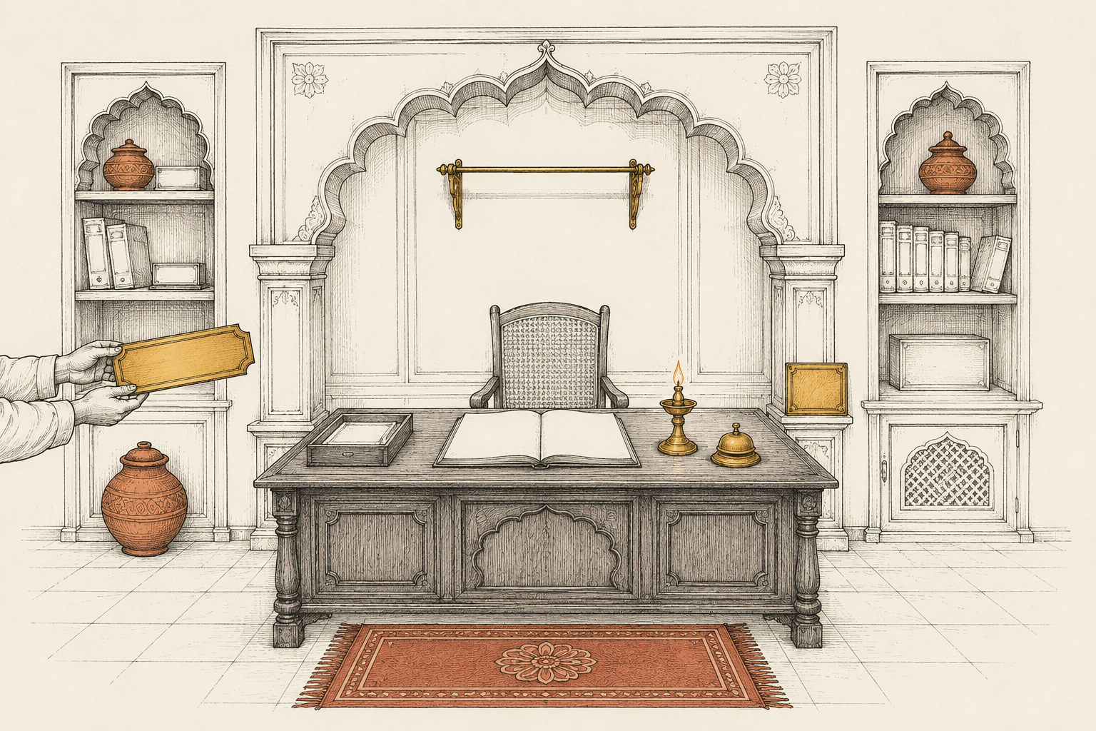 Ink-line illustration of a new clerk taking his seat at an empty desk as an owner looks on — the moment an AI agent is appointed to one duty inside a firm.