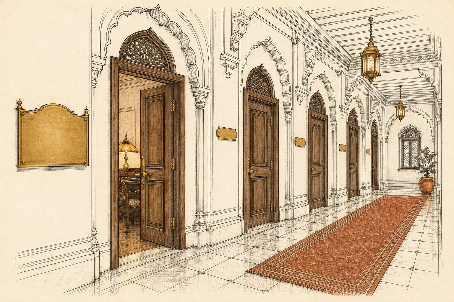Ink-line drawing of a corridor of office doors, the first open and lamplit, the rest awaiting nameplates