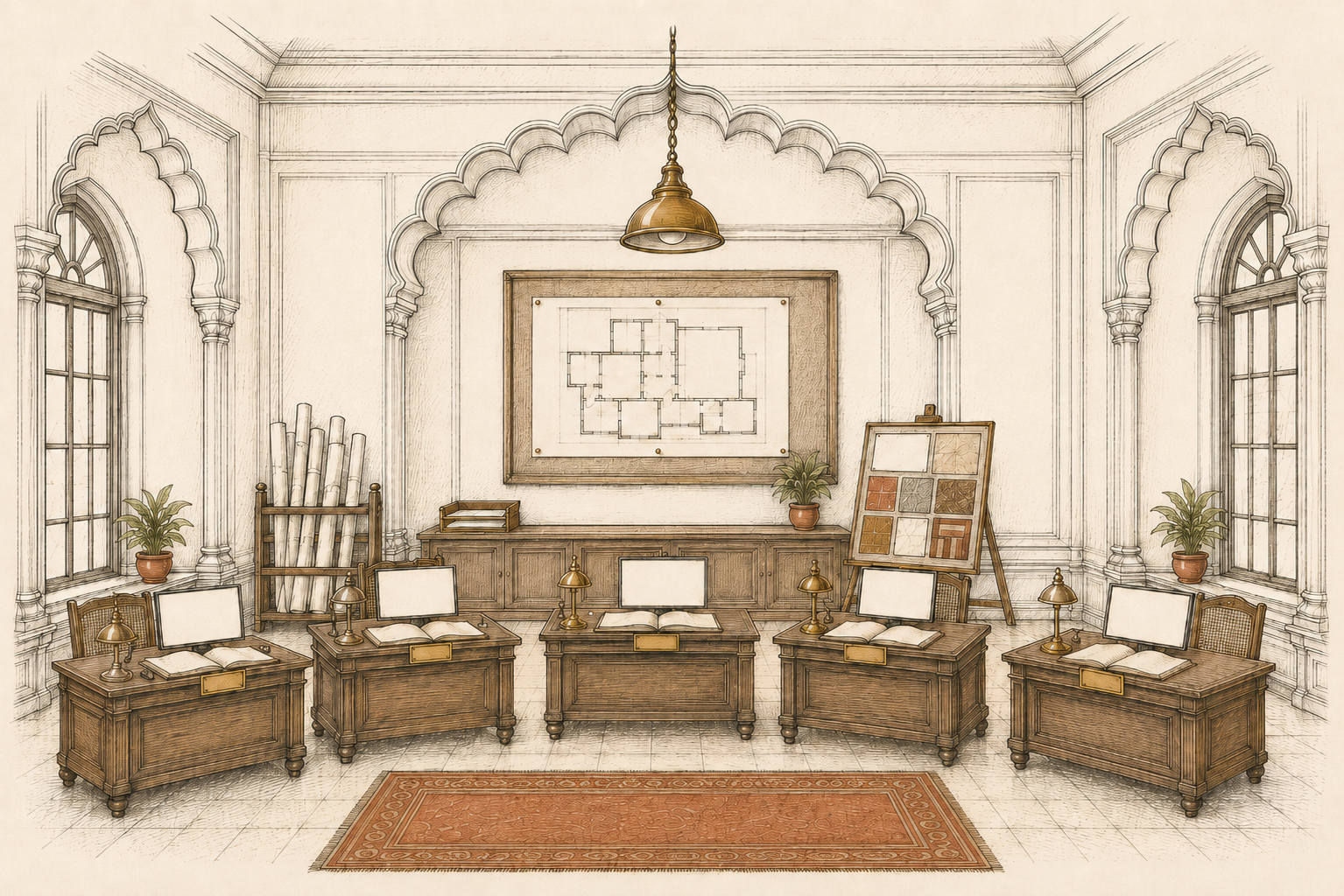 Ink-line drawing of a design firm's office hall with five clerk desks, a floor-plan board on the wall and a material-swatch easel under a cusped Indian arch