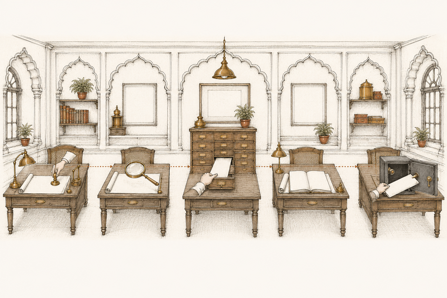 Ink-line frieze of one drawing travelling across five desks — stamped, examined under a loupe, filed into a catalog drawer, read from an open ledger, and vaulted