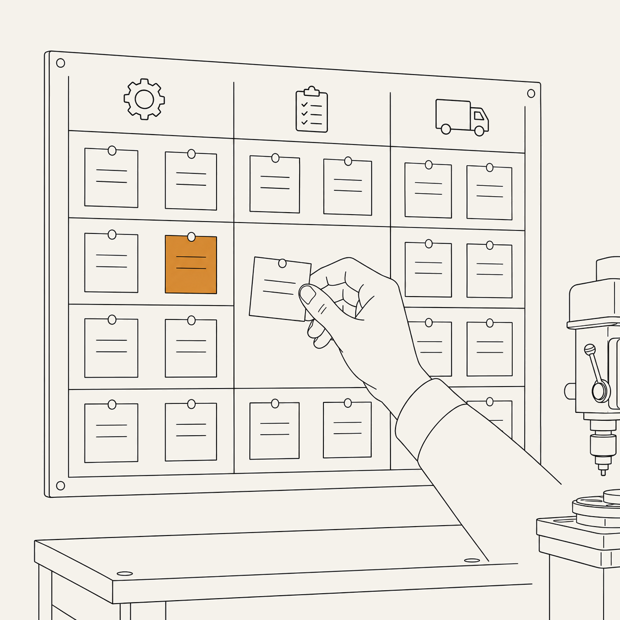 A hand pins a task card onto a planning board — the factory's work made visible, the first step to a daftar of AI agents.