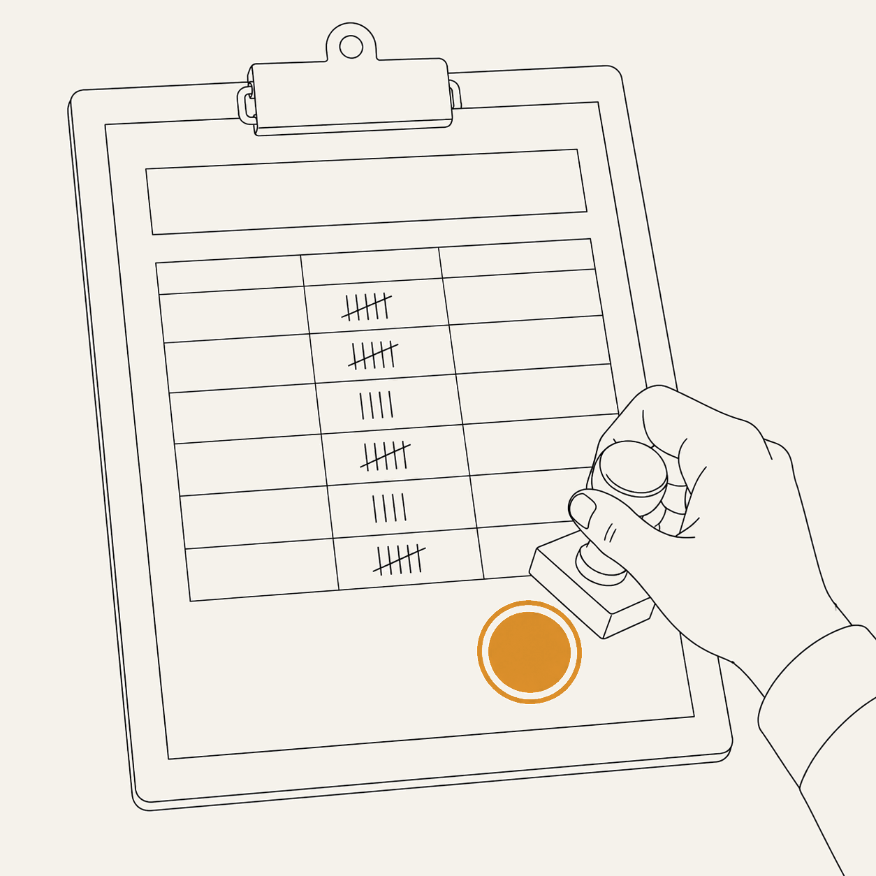 A monthly report on a clipboard — tallies of work completed, with a hand stamping an approval seal.