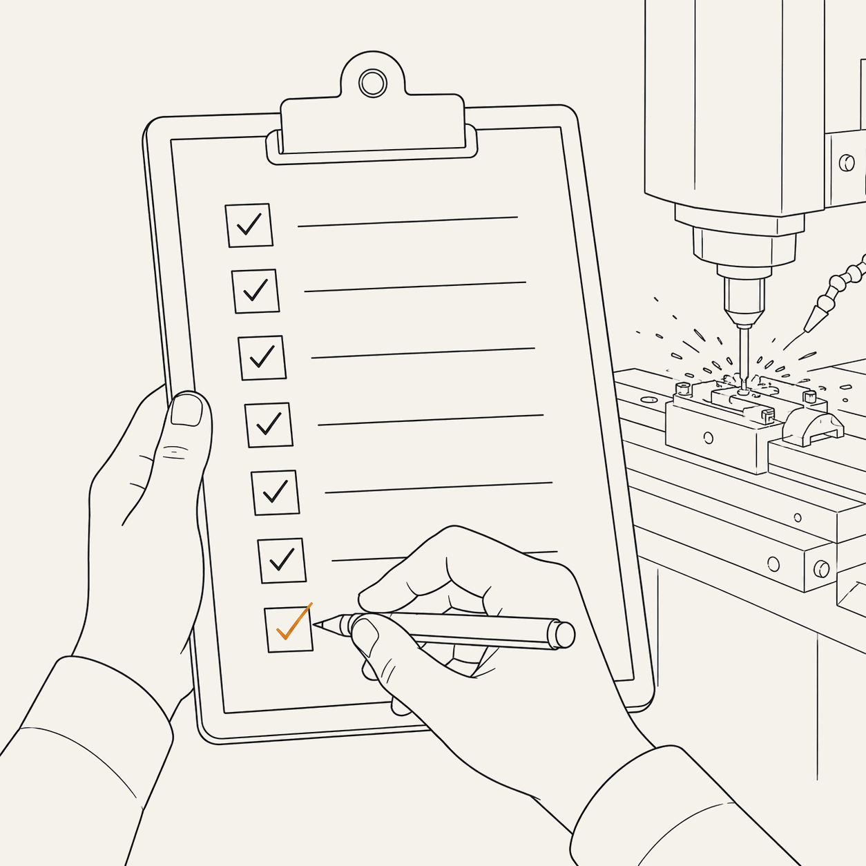 A completed checklist beside a running machine — the karigar running and reporting.