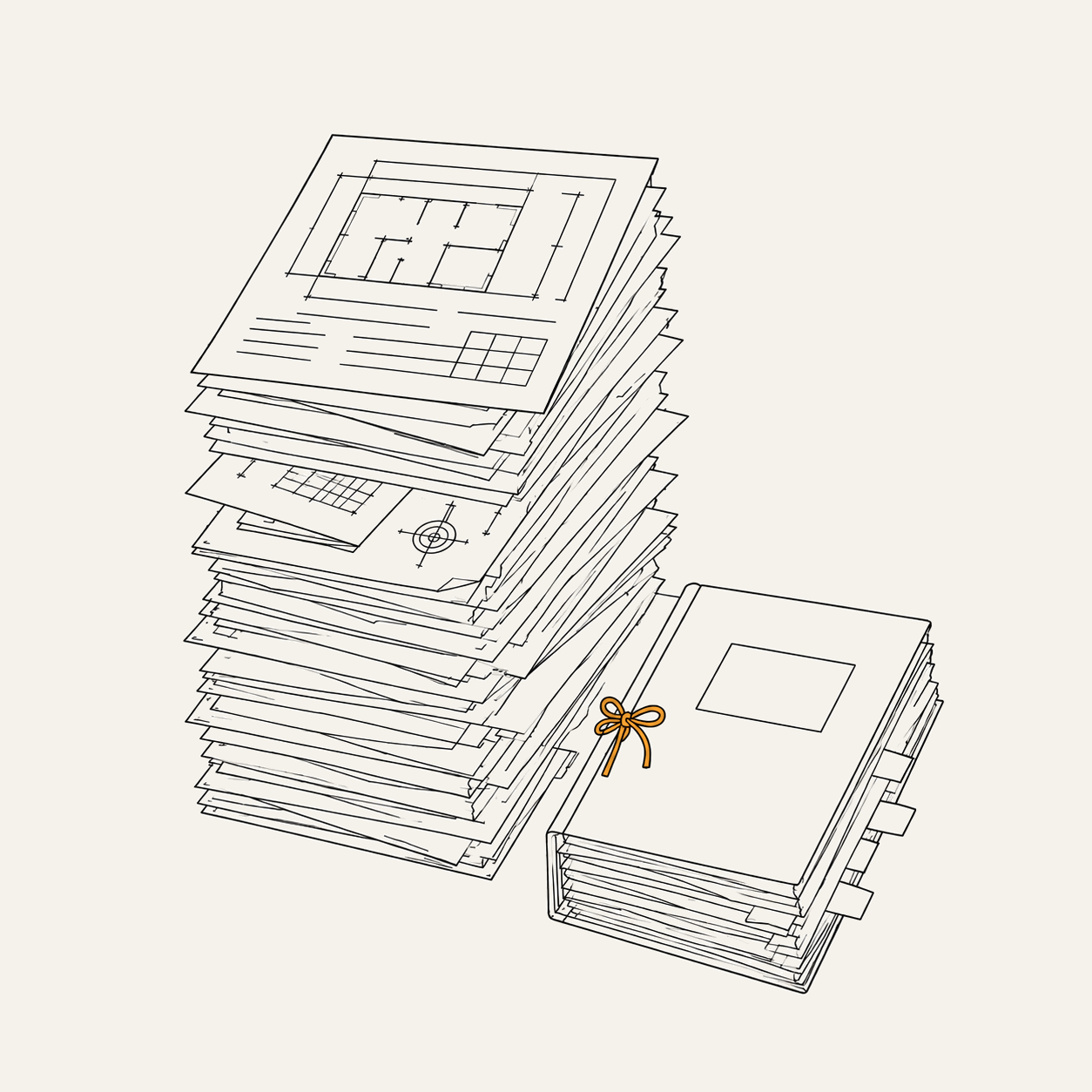 Ink-line illustration of a documentation clerk buried under drawings and BOQs — the manual week an AI-agent karigar takes over.