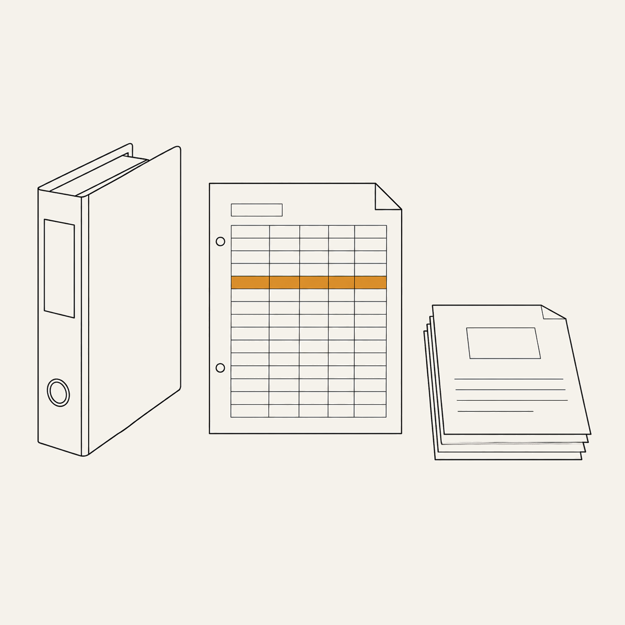 Ink-line illustration of the Munshi karigar returning finished records — fixture catalogs, glossaries, BOQs and missing-detail reports.