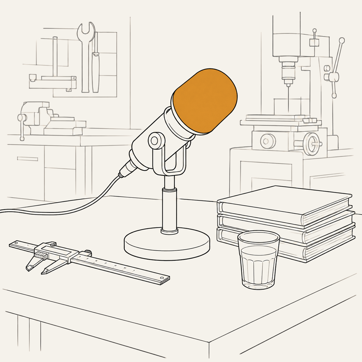 A studio microphone set up on a workshop bench