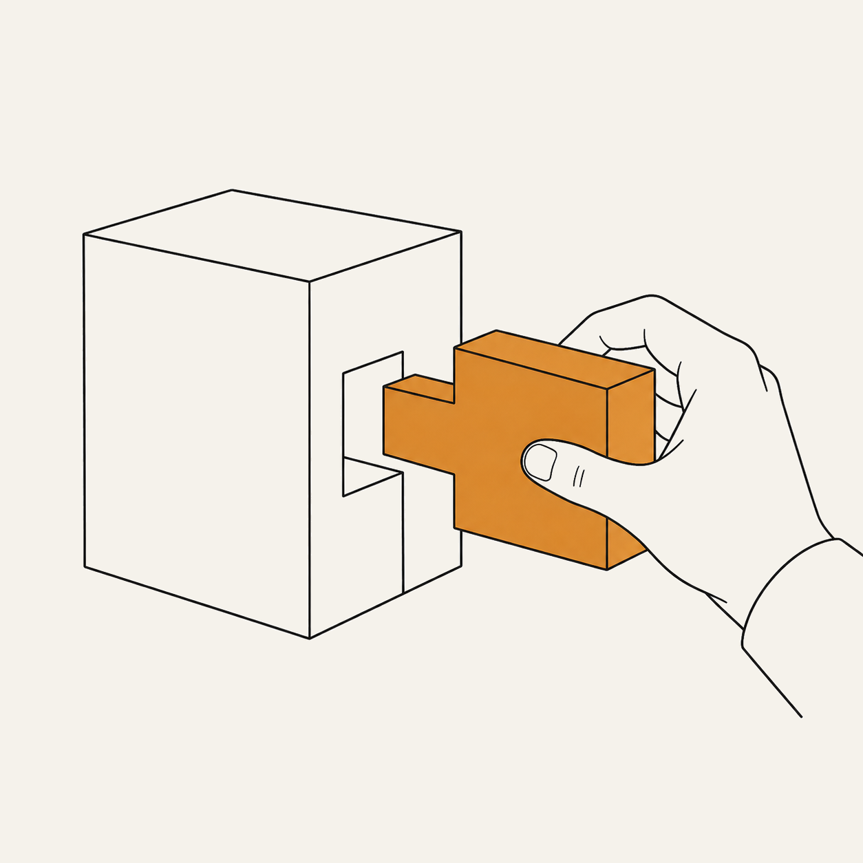 A hand fitting a shaped block into a mortise — the karigar fitted into the process.
