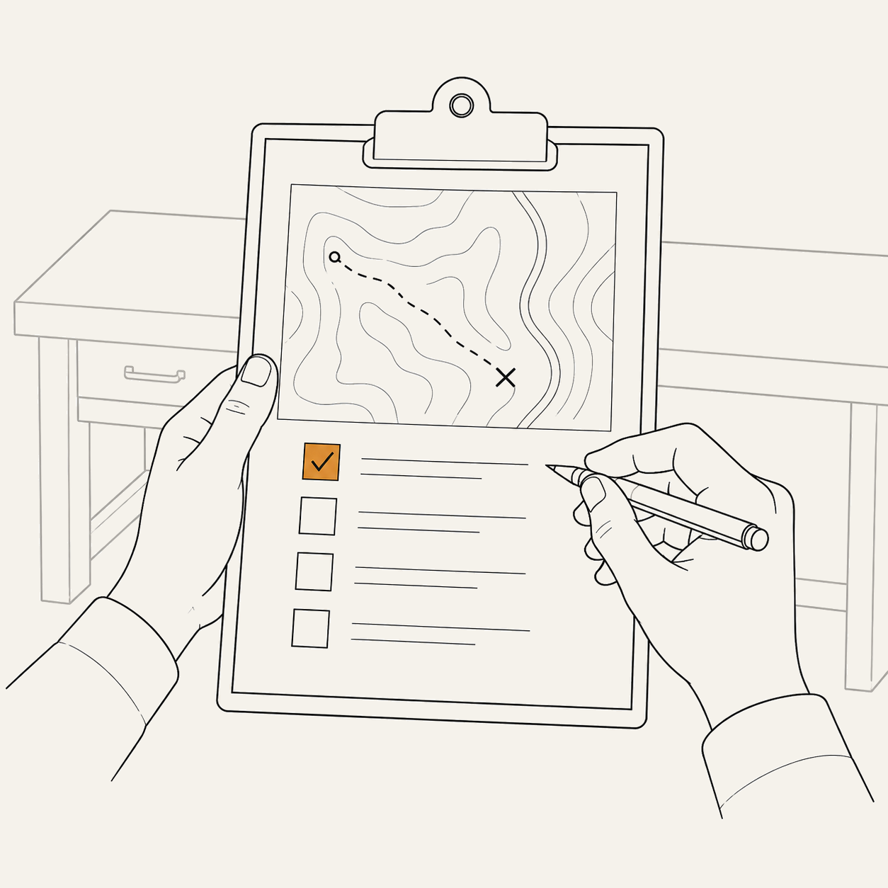 Hands with a route map and checklist — mapping how the work really happens.