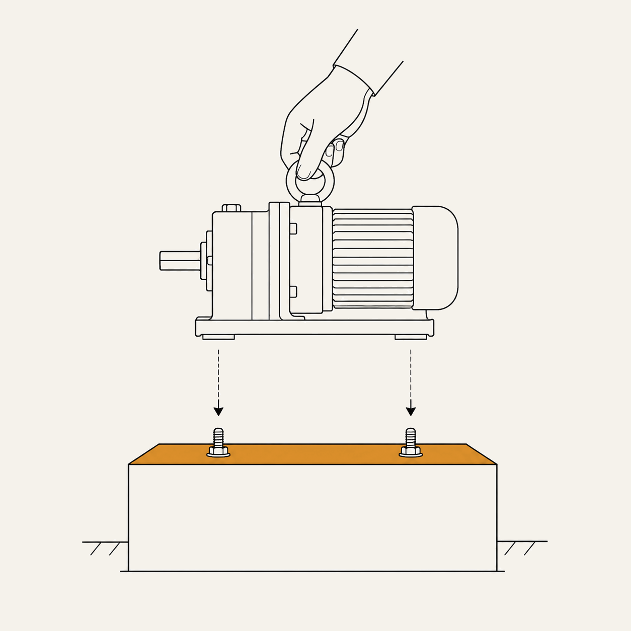 A gear-motor lowered by hand onto a prepared foundation block — the foundation set before the machine is dropped in.
